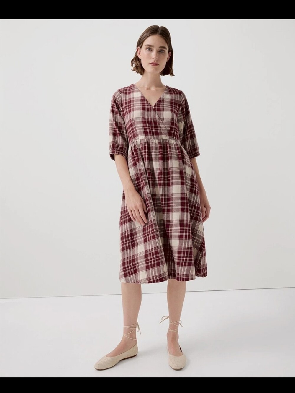 Pact Women's Medium Fireside Flannel Crossover Cotton Dress Burgundy Plaid